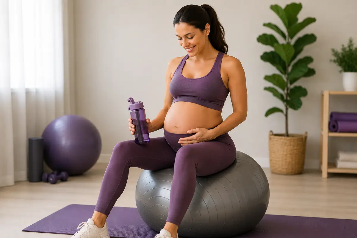 Gestante em uma bola de pilates se preparando para se exercitar.